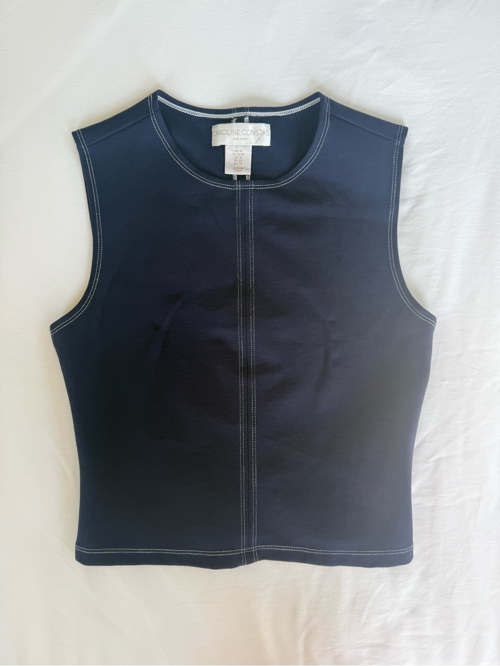 Caroline Constas Navy Sleeveless Top with Contrast White Stitching